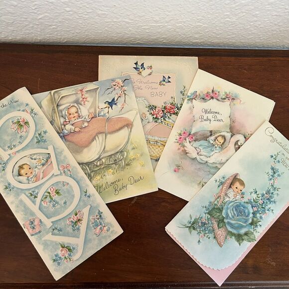 5x Vintage 50s/60s Welcome Baby Congratulations Cards Ephemera Scrapbook - Picture 1 of 14